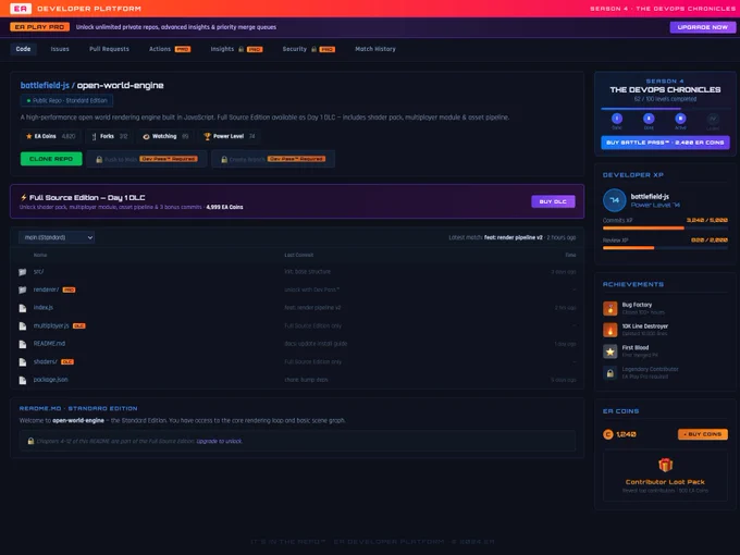 A satirical UI mockup imagining GitHub redesigned by EA Games. The page uses a dark navy color scheme with orange-pink gradients and the Orbitron font, mimicking EA's aggressive visual style. At the top, an EA logo bar reads "EA Developer Platform · Season 4: The DevOps Chronicles," followed by a purple upsell banner promoting "EA Play Pro" with an Upgrade Now button. Navigation tabs include Code, Issues, Pull Requests, and locked tabs for Actions, Insights, and Security, all marked with "PRO" badges. The main repo area shows a repository called "battlefield-js / open-world-engine" described as the "Standard Edition." Action buttons show "Clone Repo" available freely, while "Push to Main" and "Create Branch" are greyed out with padlock icons and "Dev Pass™ Required" labels. A purple banner advertises "Full Source Edition — Day 1 DLC" for 4,999 EA Coins. The file browser shows that folders like renderer/ and files like multiplayer.js and shaders/ are locked behind "PRO" or "DLC" badges.