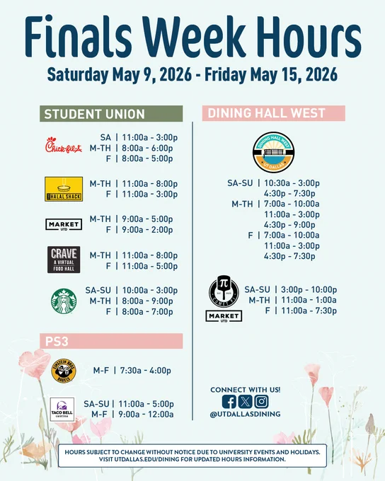 Finals Week Hours from Saturday May 9, 2026 - Friday May 15, 2026. You can find hours of operation on our website: https://dineoncampus.com/utdallasdining/hours-of-operation