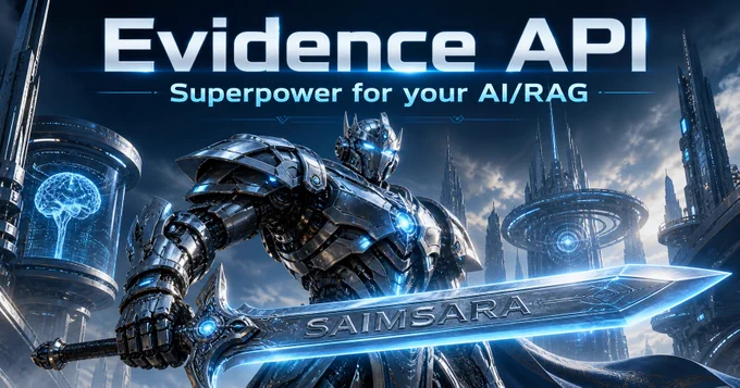 Sci-fi robot warrior holding a glowing SAIMSARA blade beneath the text: “Evidence API. Superpower for your AI/RAG.”