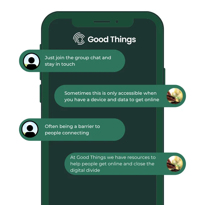 Illustration of a smartphone displaying a messaging app interface with various chat bubbles containing text about staying in touch in the group chat, with a response suggesting not everyone can do this, due to not having the access to a device or internet.