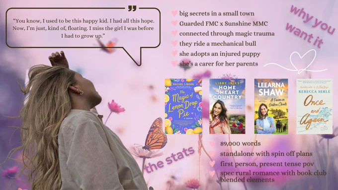 Pink toned background with flowers and a butterfly. A photo of a blonde woman on the left facing away, with four photos of book covers, and text lists on the left. 
