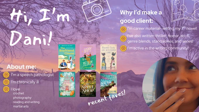 A pink toned background of a country field, and chunks of white text explaining elements about the author. Pictures of book covers in the middle, and a photo of a woman in the right bottom corner.