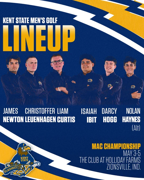 Kent State Men's Golf lineup graphic for the MAC Championship, May 3-5 at The Club at Holliday Farms in Zionsville, Ind. Six players are pictured in navy Kent State quarter-zips against a blue and gold background: James Newton, Christoffer Leuenhagen, Liam Curtis, Isaiah Ibit, Darcy Hogg, and Nolan Haynes (Alt). The Kent State Flashes logo appears in the bottom left corner.
