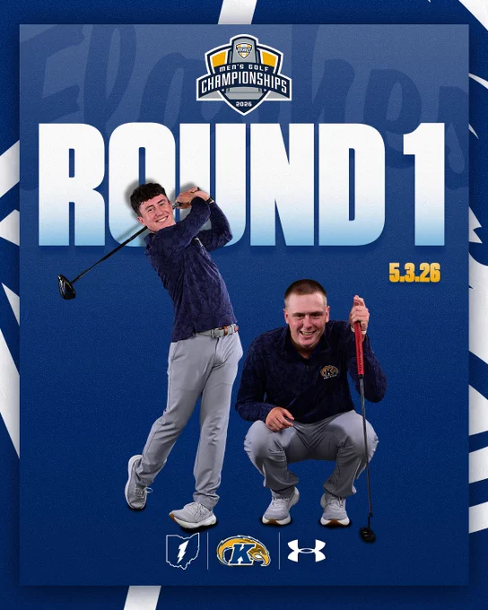 Kent State Men's Golf Round 1 graphic for the 2026 MAC Men's Golf Championships on 5.3.26. Two Kent State golfers are pictured on a blue background — Darcy Hogg stands mid-swing in his driver follow-through, while Christoffer Leuenhagen crouches and lines up a putt with a red-shafted putter. The MAC Men's Golf Championships 2026 logo sits at the top, with the Ohio flash, Kent State Golden Flashes, and Under Armour logos along the bottom.