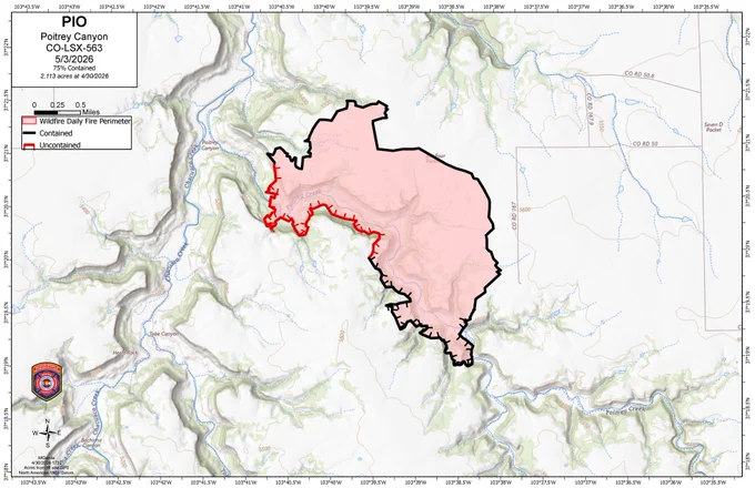 Map of the Poitrey Canyon Fire dated 5/3/26. 2,113 acres, 75% containment