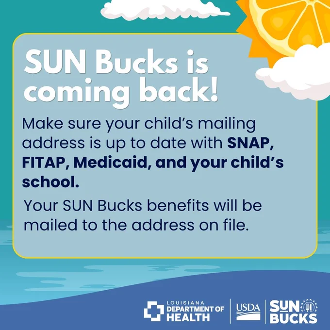 Graphic that says "SUN Bucks is coming back! Make sure your child’s mailing address is up to date with SNAP, FITAP, Medicaid, and your child’s school. Your SUN Bucks benefits will be mailed to the address on file."