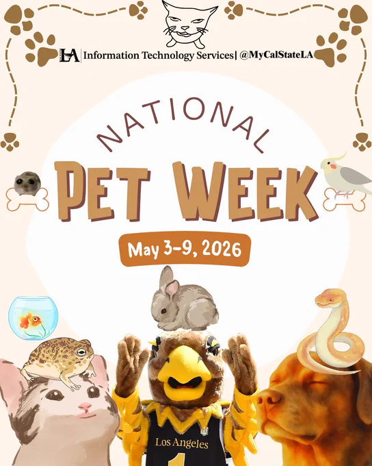 Colorful poster for National Pet Week May 3-9, 2026, featuring a rabbit, dog, cat, snake, bird, frog, and goldfish around a mascot in an eagle costume.