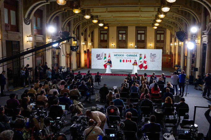 Prime Minister Mark Carney and Mexican President Claudia Sheinbaum during a joint media availability at the National Palace.