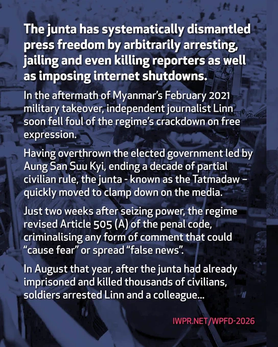 The junta has systematically dismantled press freedom by arbitrarily arresting, jailing and even killing reporters as well as imposing internet shutdowns.
IWPR's @FajardoRorie writes on World Press Freedom Day.
#WPFD #WPFD2026 #Myanmar