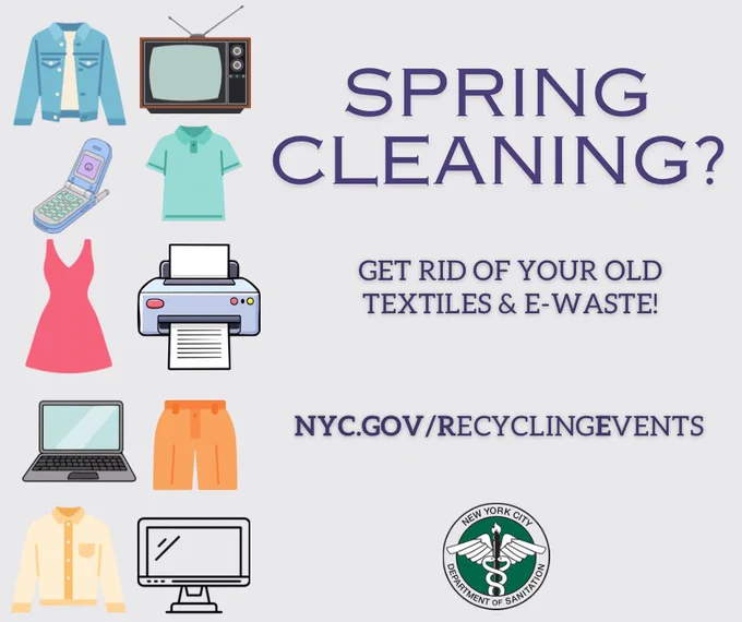 Graphic with images of clothing and electronics with nyc.gov/recyclingevents website