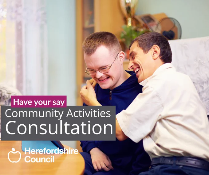 Two men laughing together, with text overlay about a community activities consultation by Herefordshire Council.