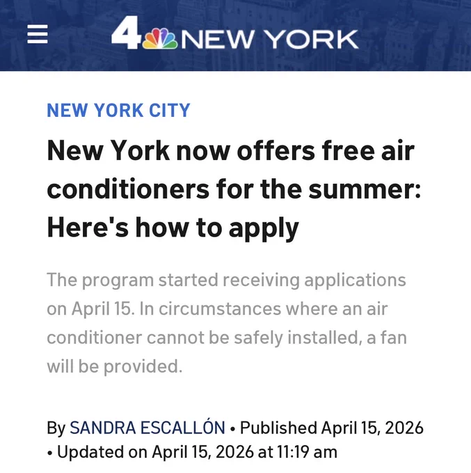 New York now offers free air conditioners for the summer: here’s how to apply. The program started receiving applications on April 15. In circumstances where an air conditioner cannot be safely installed, a fan will be provided. Published April 15, 2026 at 11:19 AM.