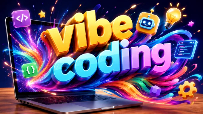 Graphic with the words "vibe coding" exploding from a laptop's screen