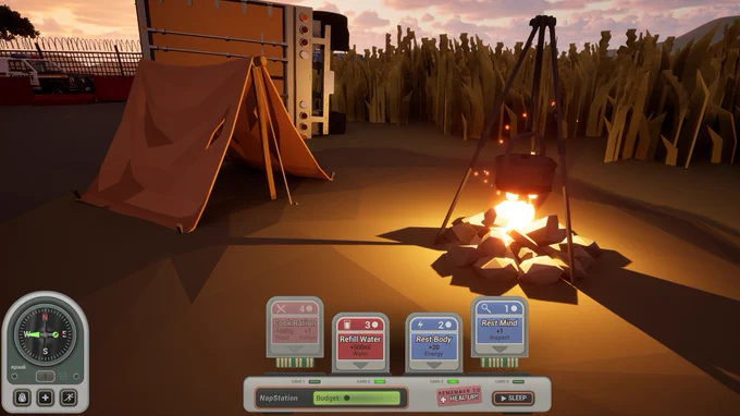 Low-poly survival camp at sunset beside an overturned truck in a grassy field. A glowing campfire with a hanging pot lights the foreground, casting warm orange light onto a small tent and nearby ground. The UI at the bottom shows survival-style action cards such as “Refill Water,” “Rest Body,” and “Rest Mind,” alongside a compass and resource indicators, suggesting a strategic expedition or survival management game.