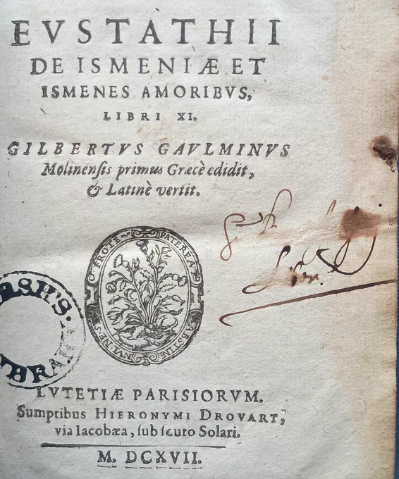 Title page of the novel 'De Ismeniae et Ismenes amoribus', Lyon, 1617