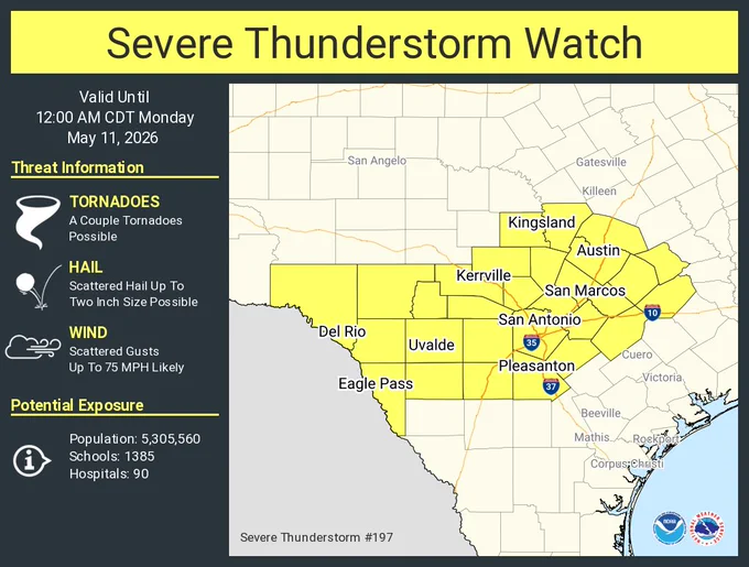 This graphic displays Severe Thunderstorm watch number 197 plotted on a map. The watch is in effect until 12:00 AM CDT. The watch includes parts of Texas. The threats associated with this watch are a couple tornadoes possible, scattered hail up to two inch size possible and scattered gusts up to 75 mph likely. There are 5,305,560 people in the watch along with 1385 schools and 90 hospitals.