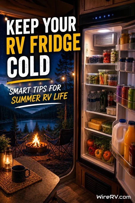 Cozy RV interior at night with an open refrigerator full of cold food and drinks beside a lakeside campsite with a campfire.