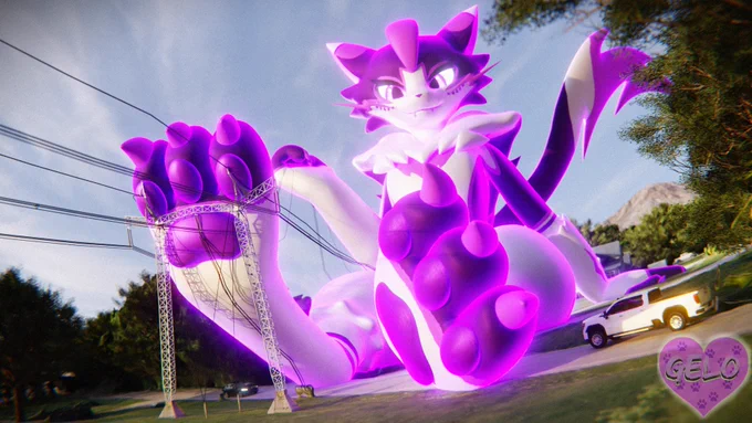 A render showing a giant Zeraora (Gelo) resting their paw and scrunching their toes on a pylon while holding the powerline while they are glowing. They are also blocking the roadway where there are two vehicles seen.
Render by @GrapeDoggo