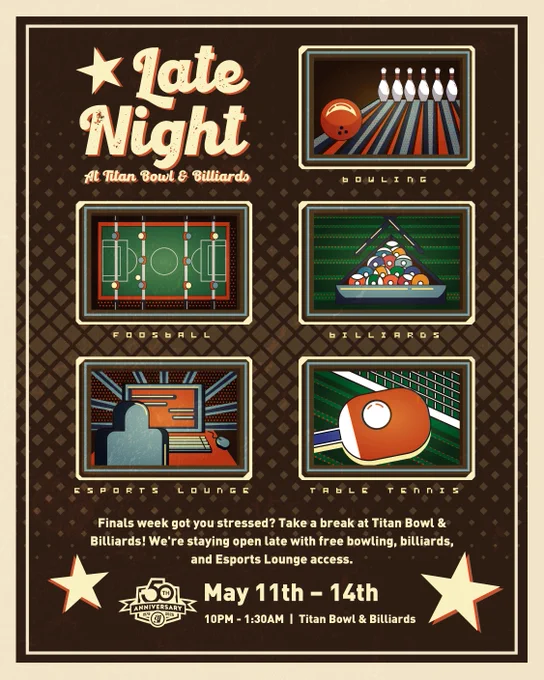 Retro-style promotional graphic reading “Late Night at Titan Bowl & Billiards.” The design features illustrated panels of bowling, foosball, billiards, an esports lounge setup, and table tennis. Text states: “Finals week got you stressed? Take a break at Titan Bowl & Billiards! We’re staying open late with free bowling, billiards, and Esports Lounge access.” Event details: May 11th–14th, 10PM–1:30AM at Titan Bowl & Billiards, with a 50th anniversary badge displayed.