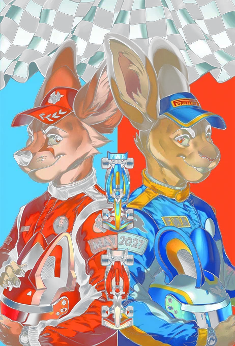 Illustration of two animal characters in racing gear, set against a checkered flag. One wears red and the other blue, with racing cars and 'May 2027' text present.