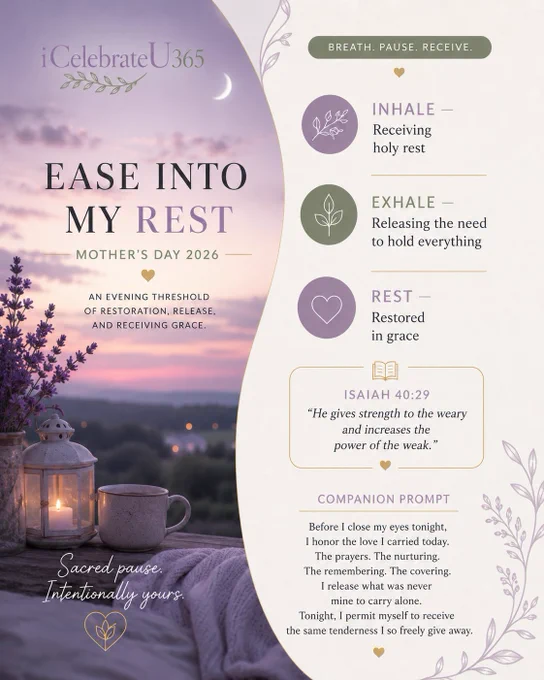 Tonight, I exhale slowly. Thank You, Father, for sustaining the women who continue loving, praying, nurturing, and carrying others with grace. Restore every mother, grandmother, great-grandmother, caregiver, and nurturer who poured out today. Restore tired bodies, quiet weary minds, and strengthen hearts that continued giving without applause. Remind her tonight that she is not forgotten, her prayers mattered, her love mattered, and her presence mattered. Where grief exists, meet her gently. Where exhaustion exists, become her peace. Let rest become restoration, quiet become healing, and sleep become renewal. Tonight, may the woman who spent her day pouring outward finally receive the tenderness she so freely gives away. In JESUS NAME, 🙏🏿Amen.
