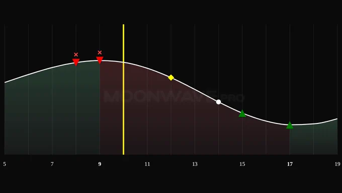 Moonwave predicted market sentiment graph showing FXwave-invalidated Sell signals for May 8-9, a future Volatility (trend reversal/acceleration) signal for May 12, and Buy signals for May 15 and 17. The chart identifies likely buy, sell, and derisk points using a proprietary physics-based forecast model.