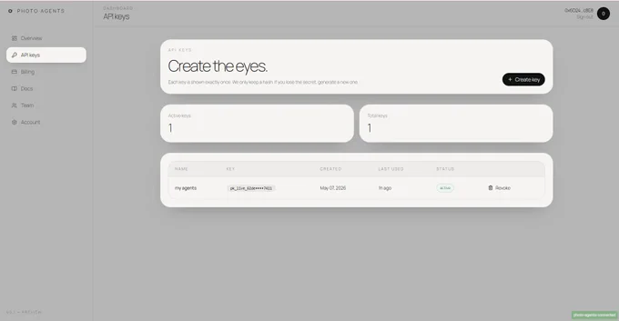 photoagents dashboard cause i'm a nerd yolo, "create the eyes" api key page. my active key called "my agents" is live. setup screen for spinning up agentic workflows in 90 seconds. snazzy brah 