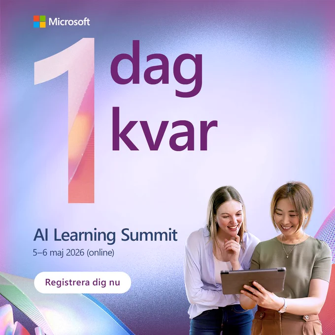 Texten lyder:
1 dag kvar 
A I Learning Summit
5-6 maj 20 26
Online
Registrera dig nu