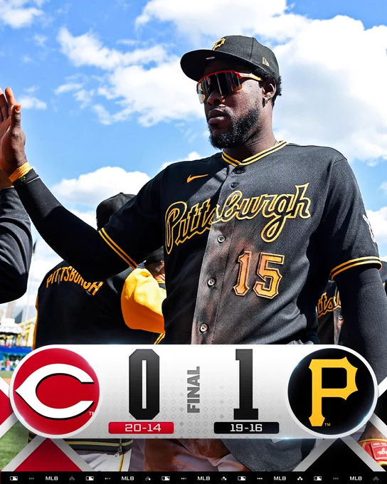 Final Score Graphic: 5/3/26:
Cincinnati Reds 0 (20-14), Pittsburgh Pirates 1 (19-16)

Pictured: Oneil Cruz high-fives teammates after a Pirates win. He is wearing a black Pirates uniform with white and yellow outline.