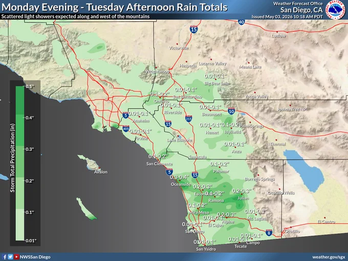Light showers possible from the coast to the mountains Monday evening through Tuesday afternoon. Highest totals in the mountains and across San Diego County.
