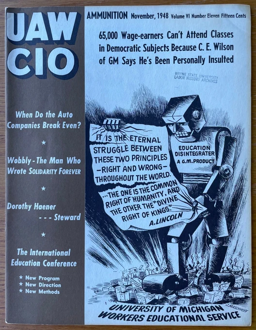 Cover for UAW publication, with giant robot stomping on workers education service.