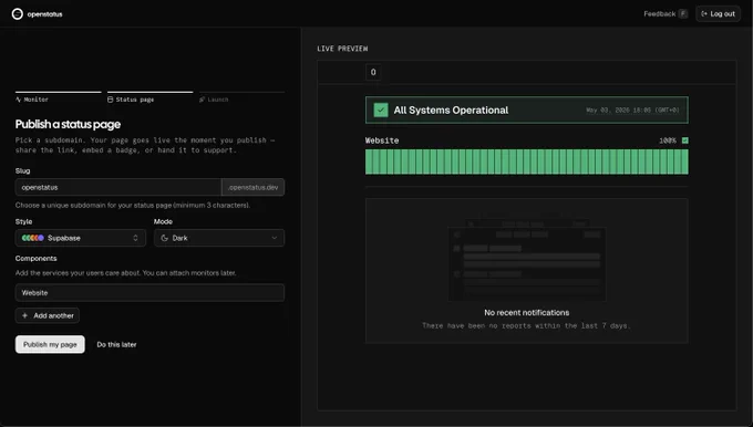 openstatus status-page onboarding step - lefthand side is the form, righthand side is the live status-page preview