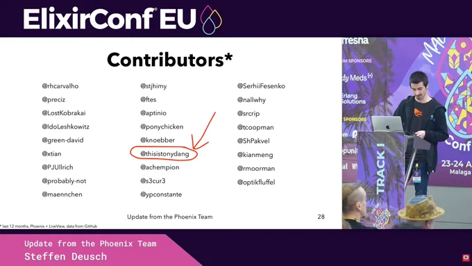 Screenshot of an ElixirConfEU talk by Steffen Deusch showing a slide listing Phoenix contributors.