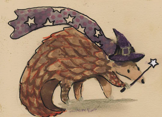 painting of a Pangolin wizard wearing a purple cape with a star print and a wizard's hat holding a magic wand