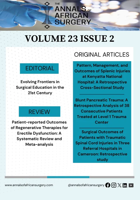 Every issue of Annals of African Surgery reflects commitment from authors, reviewers, and editors alike.
Vol 23, Issue 2 out now: featuring surgical education editorial, regenerative therapies meta-analysis, trauma studies.
Read. Submit. Review.

https://www.annalsofafricansurgery.com/