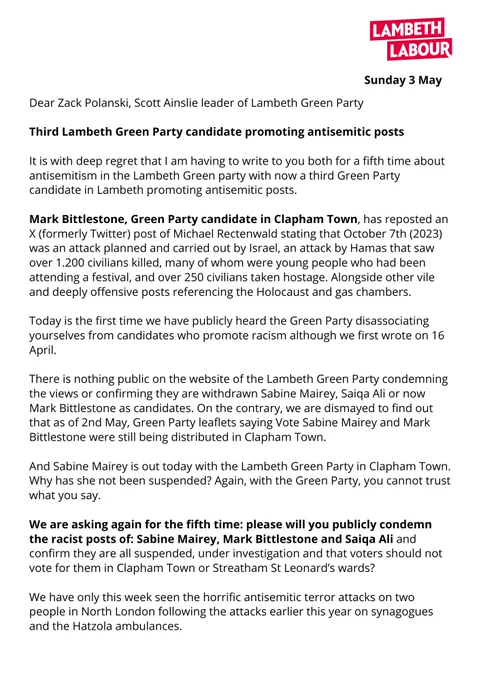 Letter to Lambeth Green Party regarding a third candidate promoting antisemitic and racist content