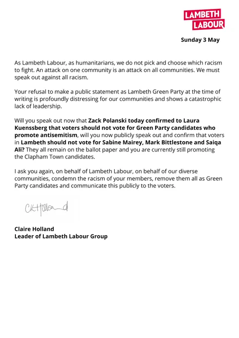 Letter to Lambeth Green Party regarding a third candidate promoting antisemitic and racist content