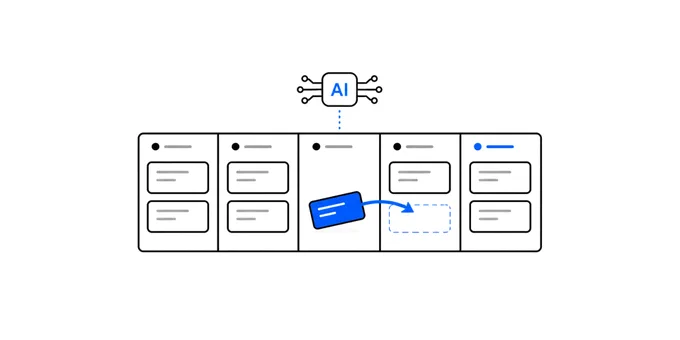 Featured illustration for the post on the kanban board shared between the operator and the AI agents running The AI Signal. The AI chip moves a card across a five-column board: inbox, parked, next, doing, done. 