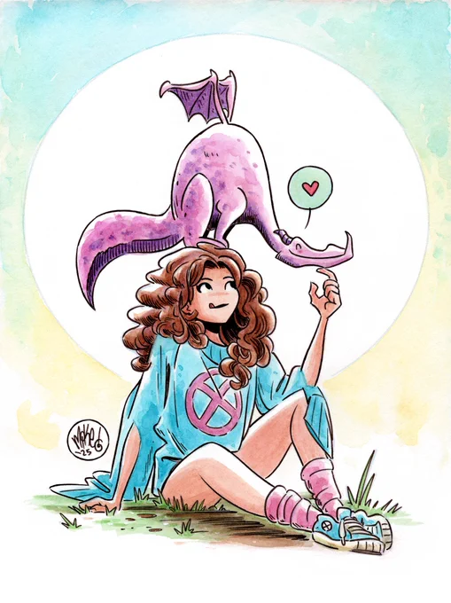 Watercolor drawing of Kitty Pryde (of the X-Men) and her bestest purple pal of a dragon, Lockheed, sitting atop her head. Their friendship is more than a phase!
