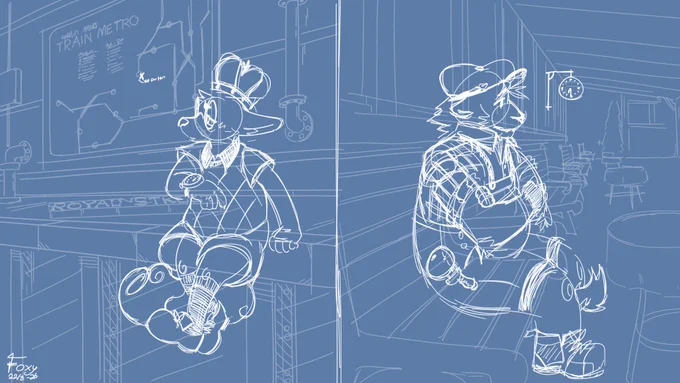 A digital drawing imitating the look of white-lined technical blueprint drawings. The image is split between left and right. The left half depicts Air waiting impatiently at a metro station, holding up his watch and frowning as he watches for a train. The right half depicts Alder waiting impatiently at a train platform, looking towards the train tracks with worry.