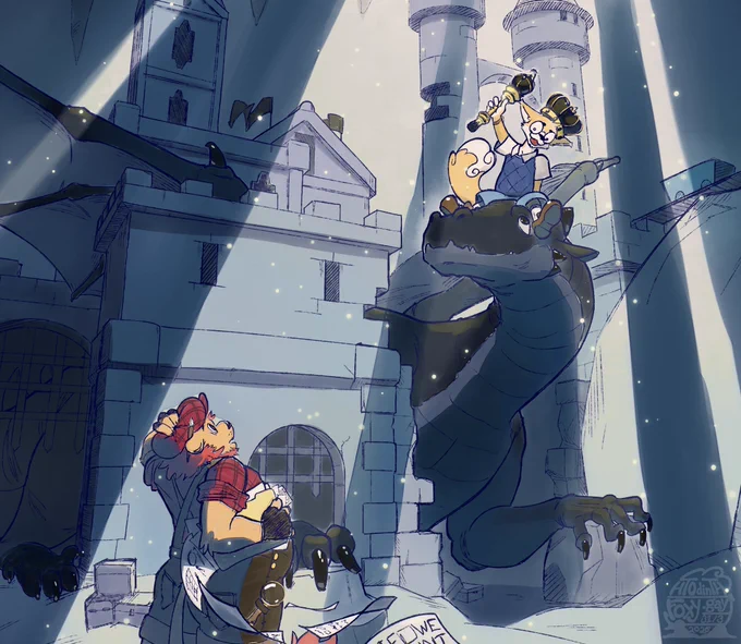 A digital watercolor illustration of a fox (Air) and lion (Alder). They are in a blue underground cave full of castle ruins, with a light shining from far above. Air is sitting on the head of a black dragon, waving at Alder with a black scepter and crown. Alder is staring up at him in surprise, with a folder of notes tucked under his arm.