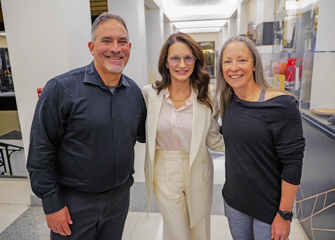 Chancellor Justin Schwartz, Kristin Davis, and Dr. Gina LaFrazza smile at the camera. Credit: University of Colorado