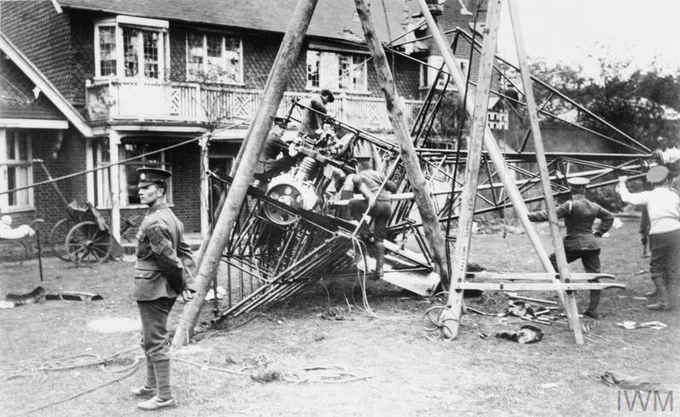 IWM RAE-O 629B - "The remains of the engines of the Lebaudy airship after it had crashed. Note the wooden A frames placed over the engines probably to help with moving the wreckage." https://www.iwm.org.uk/collections/item/object/205213580