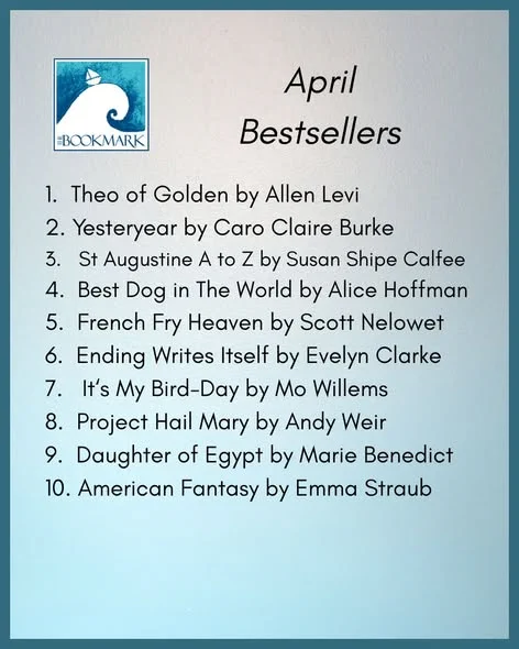1.  Theo of Golden by Allen Levi
2. Yesteryear by Caro Claire Burke
3.   St Augustine A to Z by Susan Shipe Calfee
4.  Best Dog in The World by Alice Hoffman
5.  French Fry Heaven by Scott Nelowet
6.  Ending Writes Itself by Evelyn Clarke
7.   It‘s My Bird-Day by Mo Willems
8.  Project Hail Mary by Andy Weir
9.  Daughter of Egypt by Marie Benedict
10. American Fantasy by Emma Straub
