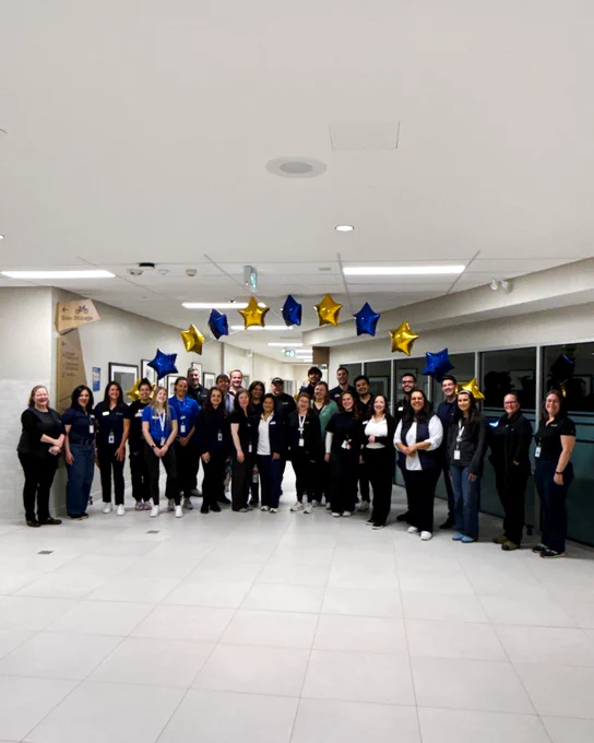 A group of people standing in a hallway beneath a decoration of blue and gold star balloons. They're posing together, some wearing lanyards. The environment appears to be a professional or corporate setting.