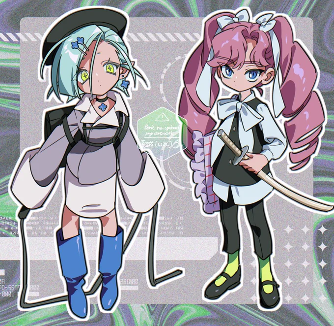 創作キャラクター二体のイラストです／（左）水色のショートボブの髪型。オーバーサイズののグレーのショート丈コート、白いタイトミニスカート、青いロングブーツを着用している。手にはムチのようなもの。／（右）ピンク色のボリューミーな縦ロールのツインテールヘア。白いシャツ（胸元に大きいリボン付き）の上に黒いベストを重ね、黒いクロップドパンツを着用。ライムグリーンの靴下と黒のメリージェーンを履いている。／背景は暗い青と緑のマーブル模様。