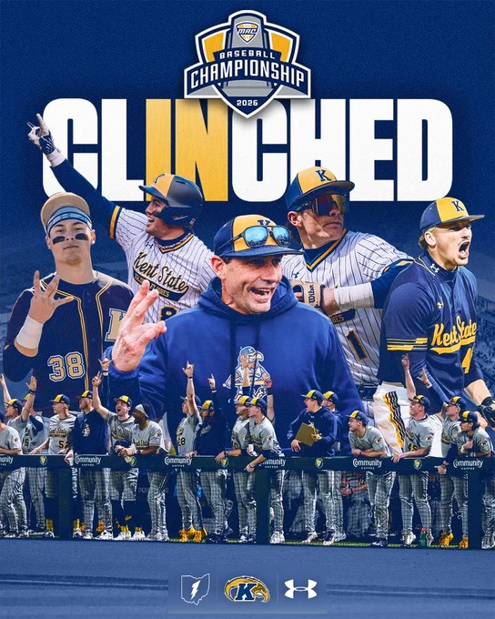 Celebratory graphic featuring the word ‘CLINCHED’ in large white and gold letters beneath the 2026 MAC Baseball Championship logo, with a collage of Kent State Golden Flashes players and head coach Jeff Duncan celebrating, the full dugout visible along the bottom behind Community Coffee signage, and the Kent State lightning bolt, Golden Flashes, and Under Armour logos at the bottom.