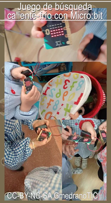Alumnos de Infantil utilizando placas Microbit para jugar a juego de caliente frío.