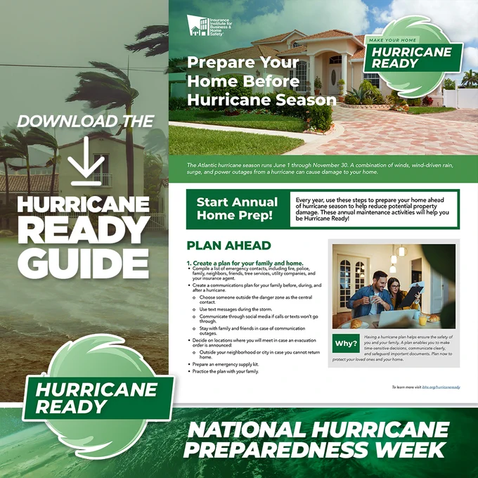 Promotional image highlighting the importance of preparing for hurricane season. The text encourages starting an annual hurricane plan and includes steps like creating a plan for family and home, building an emergency kit, and staying informed. Visuals include a house in a storm and a checklist. The image is branded with "Hurricane Ready" and references National Hurricane Preparedness Week.