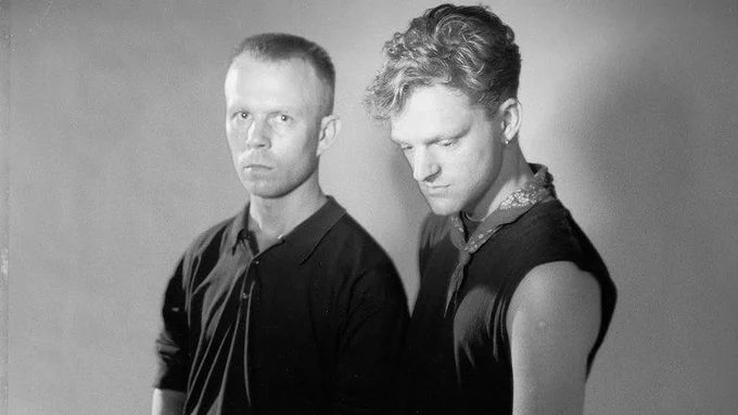 Erasure promotional photo circa 1988 featuring Andy Bell and Vince Clarke during The Innocents era, posed together in a classic synthpop duo portrait with minimalist styling reflecting late 1980s alternative music aesthetics.